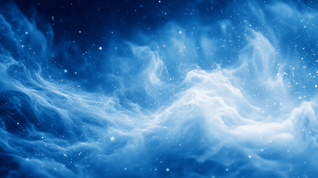 Abstract soft cloud textures morphing and flowing in slow motion, bright white particles against deep gradient blue sky,