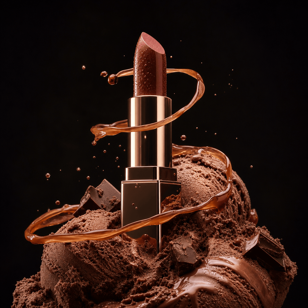 A polished lipstick tube emerging from chocolate ice cream with a thin caramel spiral frozen in motion, cinematic beauty