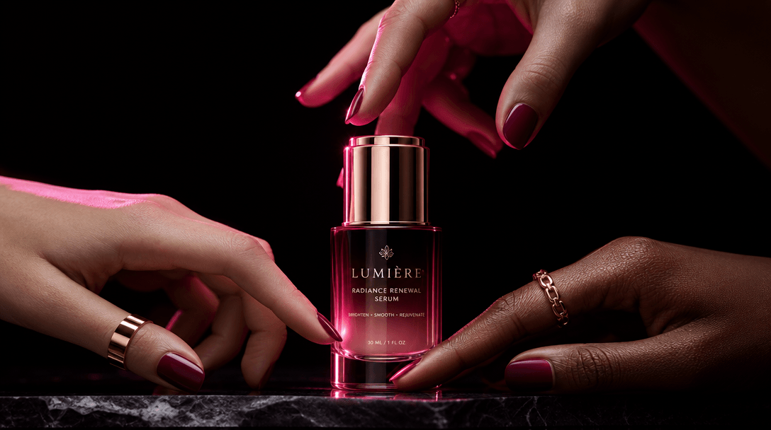 Close-up product hero scene with three elegantly posed hands directing attention toward one central beauty serum bottle.