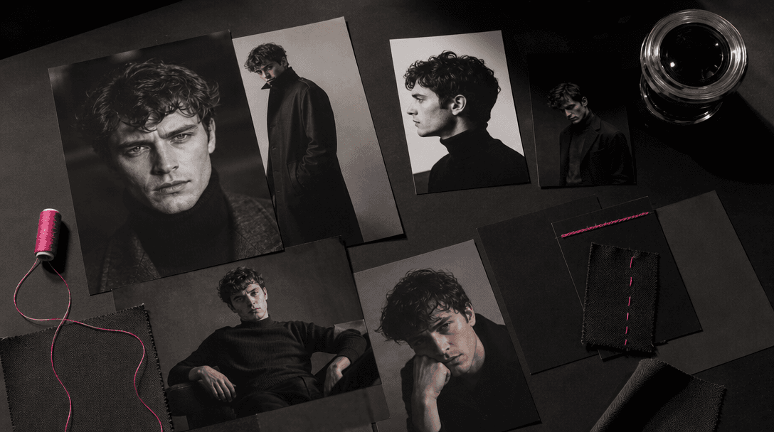 A cinematic campaign moodboard expressed as physical photographic prints, fabric swatches, matte black cards, and a chro