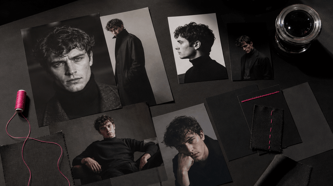 A cinematic campaign moodboard expressed as physical photographic prints, fabric swatches, matte black cards, and a chro