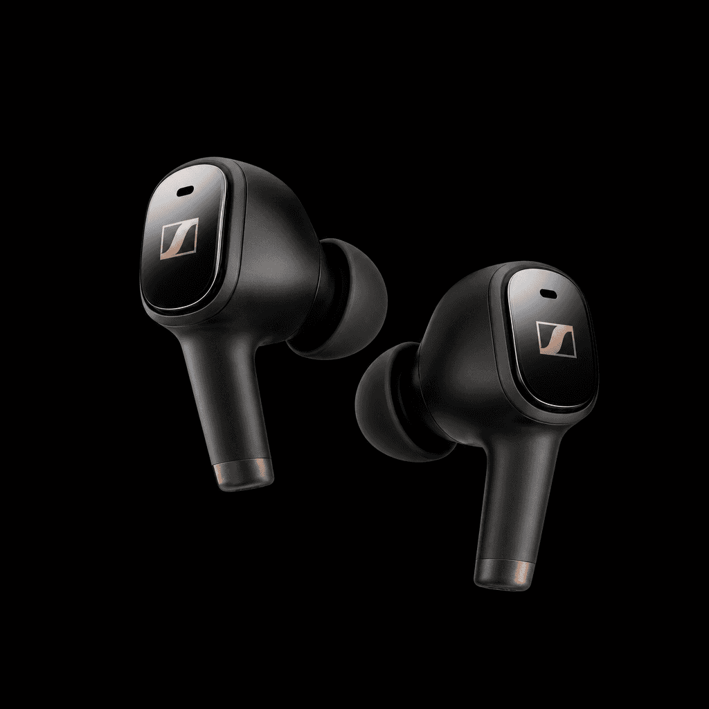 Wireless earbuds on deep black seamless background, professional studio lighting emphasizing details, luxury tech produc