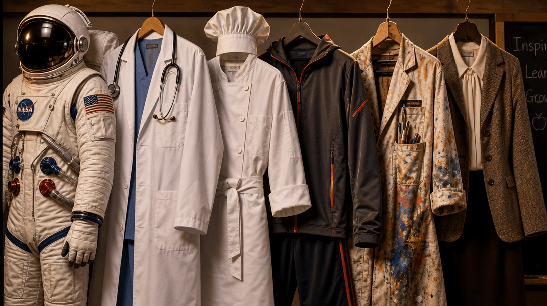 Professional costume and outfit aesthetic visualization. Diverse fabric textures: space suit material, medical coat, che