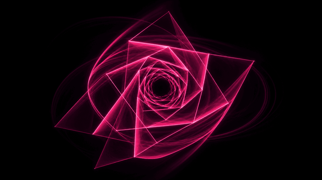 Abstract rotating geometric shapes morphing in smooth continuous motion, hot pink light trails following rotation path c
