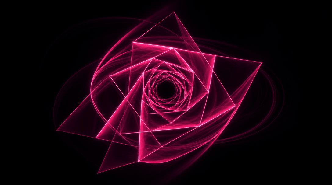 Abstract rotating geometric shapes morphing in smooth continuous motion, hot pink light trails following rotation path c