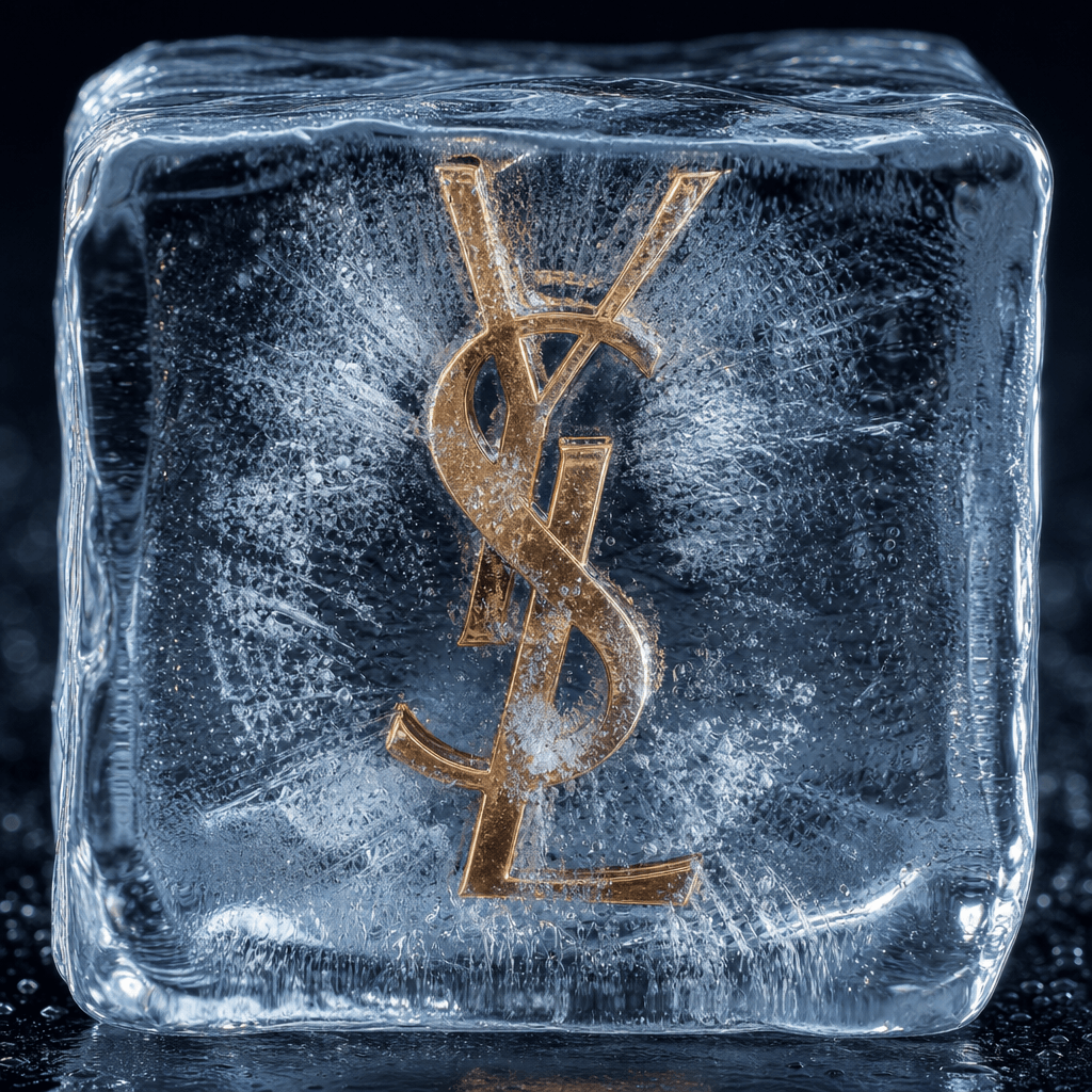 Ice cube extreme close-up, logo frozen in center, frost details visible, professional makeup and lip color, studio light