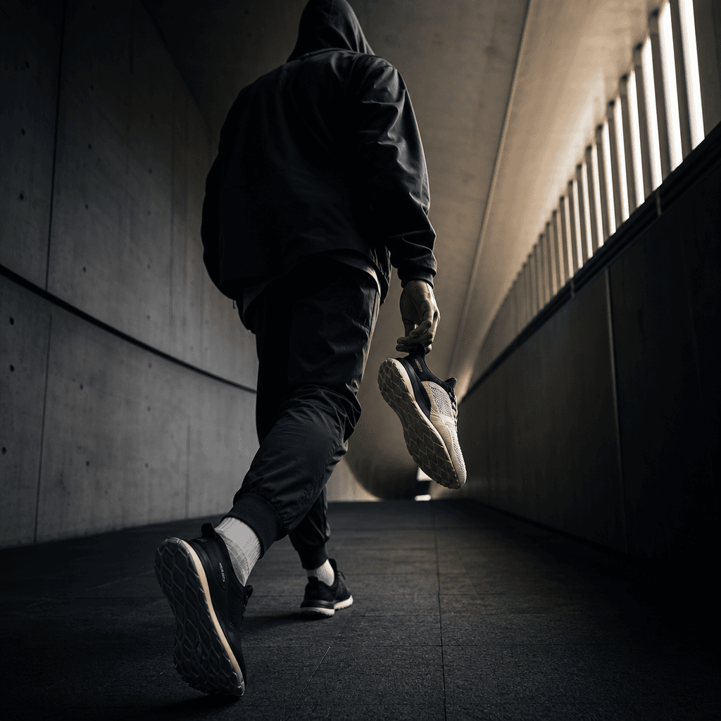 An anonymous athletic creator moving through a dim architectural corridor while carrying a premium training shoe, low tr