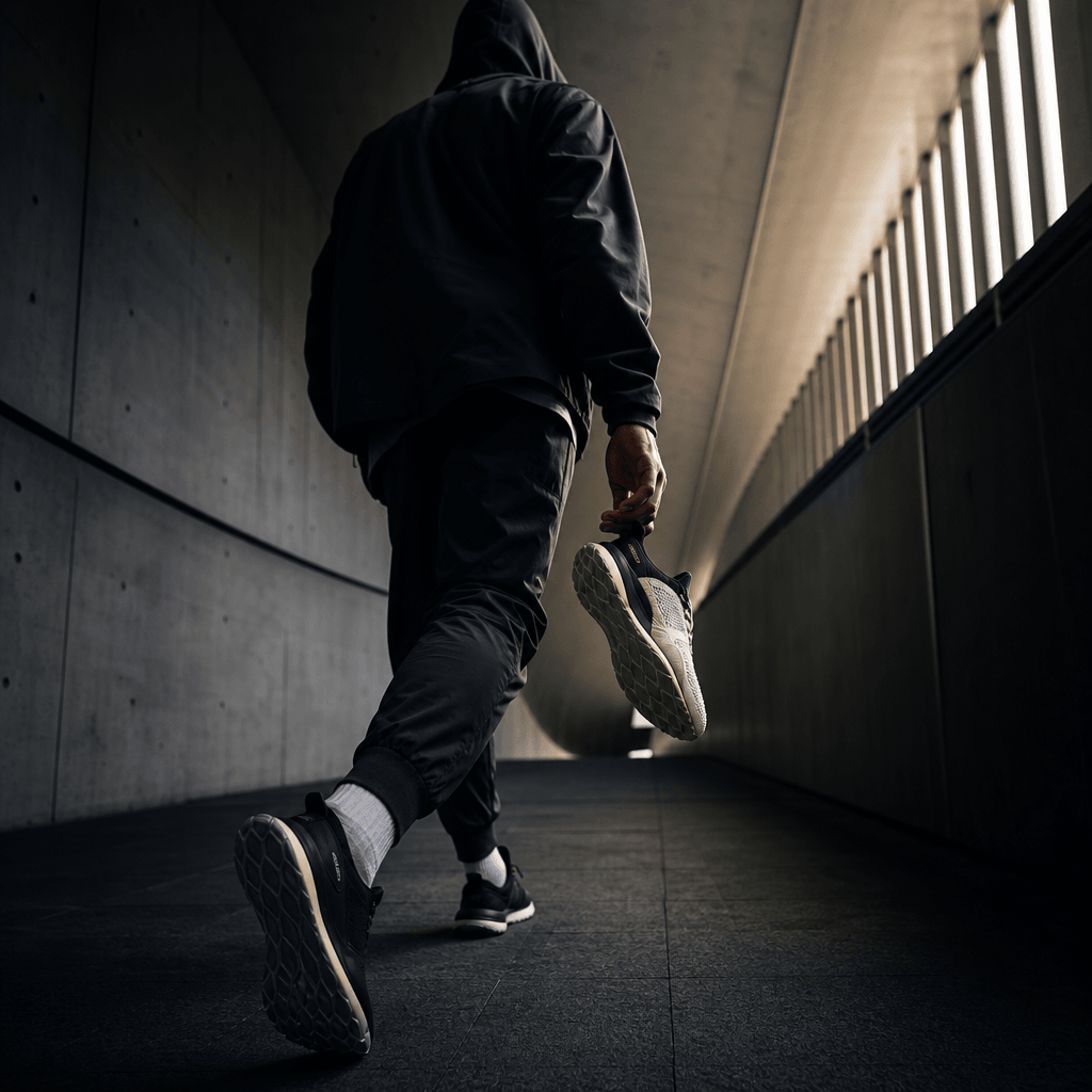 An anonymous athletic creator moving through a dim architectural corridor while carrying a premium training shoe, low tr