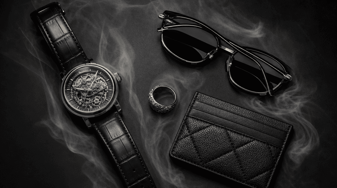 Flat lay of diverse luxury accessories — a mechanical watch, folded sunglasses, a gold ring, and a small leather cardhol