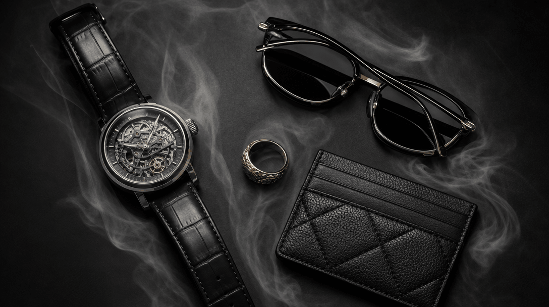 Flat lay of diverse luxury accessories — a mechanical watch, folded sunglasses, a gold ring, and a small leather cardhol