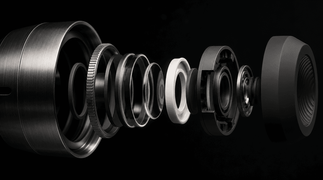 Abstract precision object opening into concentric material layers of brushed metal, glass, ceramic, and matte polymer, p