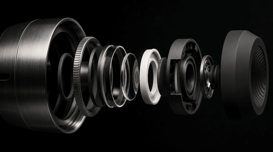Abstract precision object opening into concentric material layers of brushed metal, glass, ceramic, and matte polymer, p