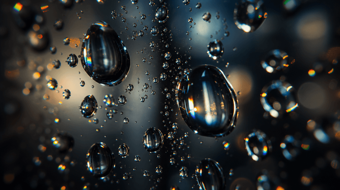 Extreme close-up macro photography of water droplets on clear glass surface, light refraction creating prisms, soft boke