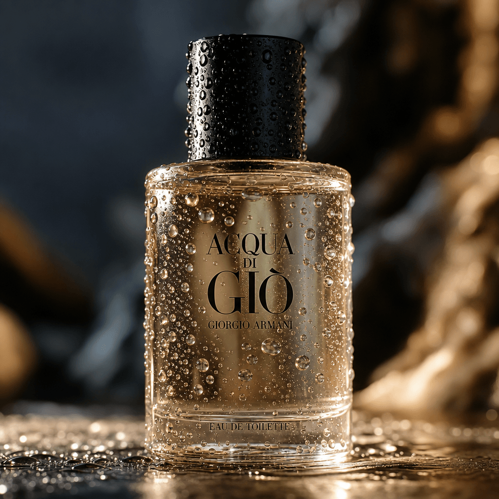 Transparent glass bottle with visible product liquid inside, water beads clinging to surface with light refraction, cine