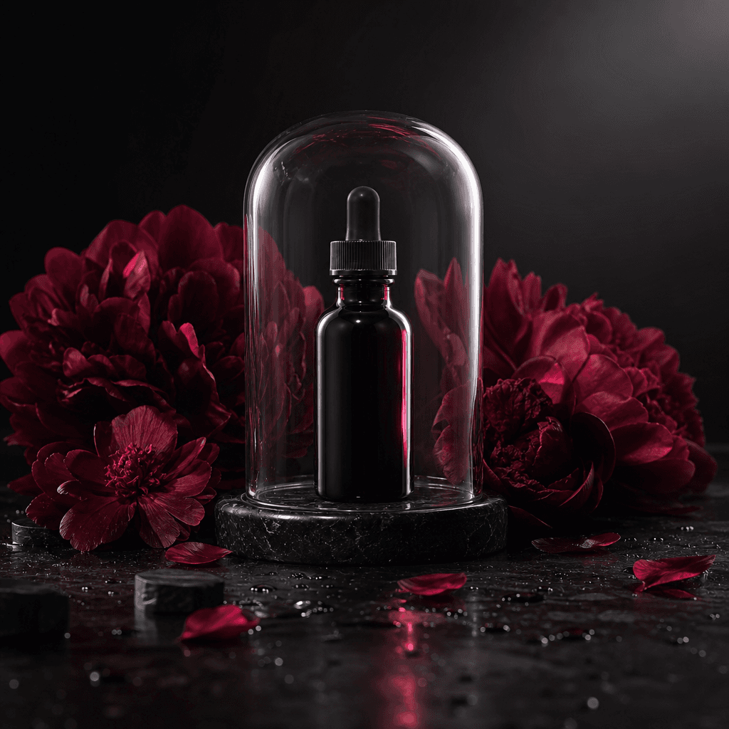 A dark glass tincture bottle enclosed in a low crystal dome, deep red flowers opening around the pedestal, black stone s