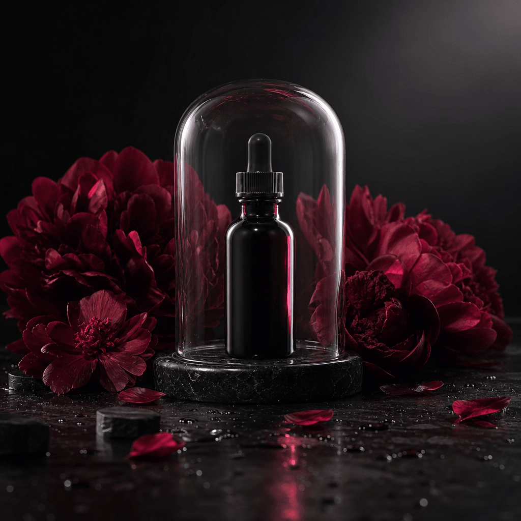 A dark glass tincture bottle enclosed in a low crystal dome, deep red flowers opening around the pedestal, black stone s