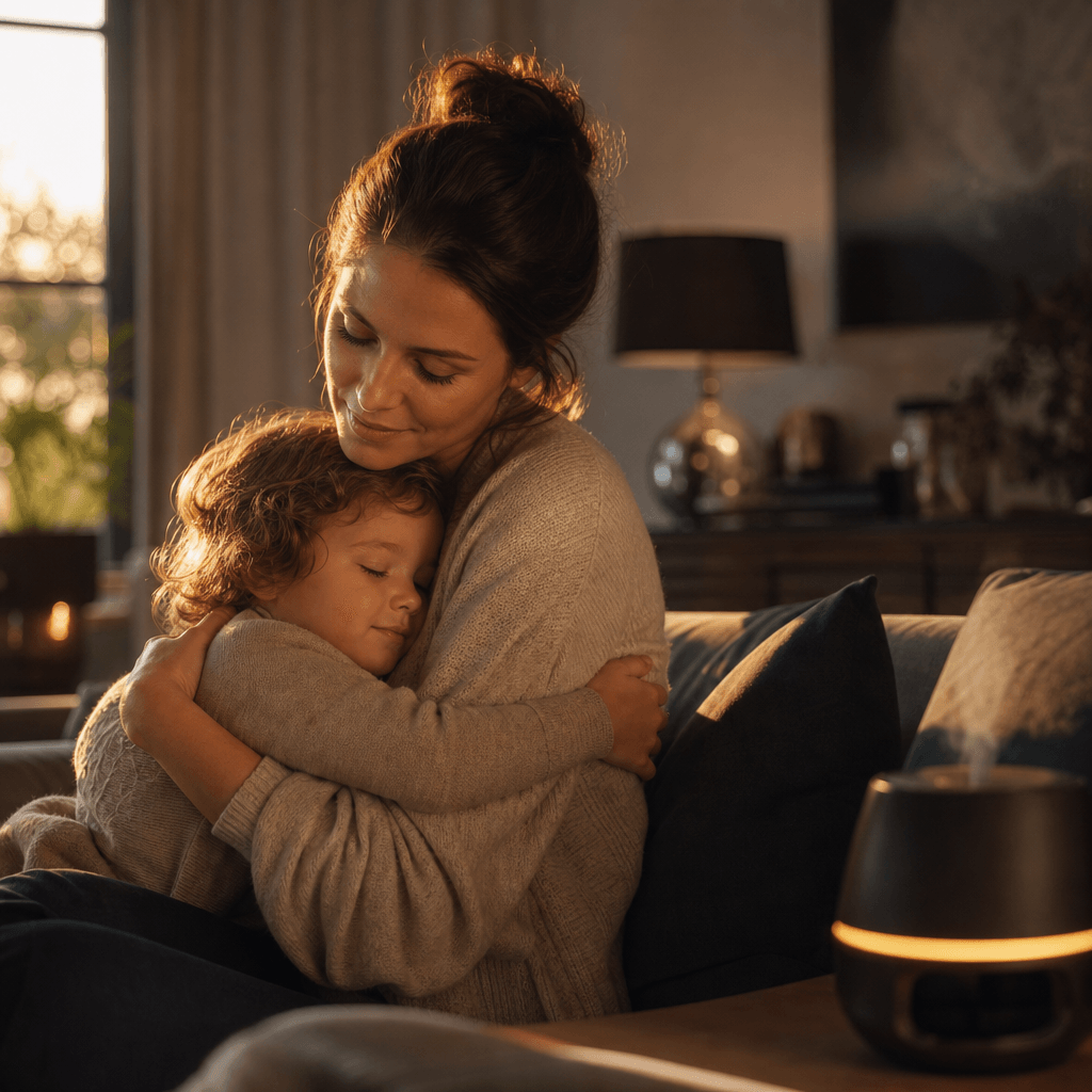A tender family moment in a warm modern living room, an adult woman embracing a young child while evening sunlight creat