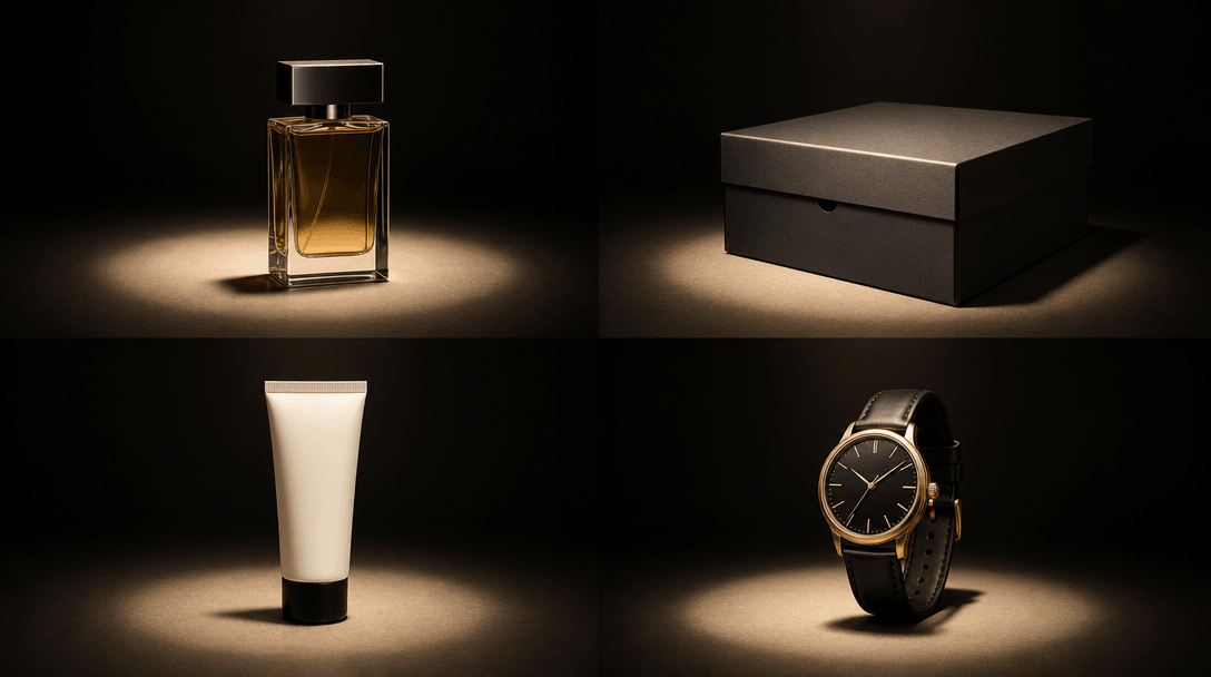 Editorial grid arrangement: four distinct product packaging items — perfume, sneaker box, skincare tube, watch — placed