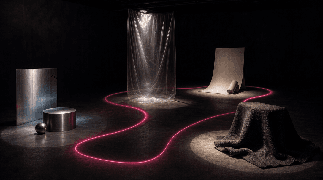 A dark cinematic studio containing several distinct pools of light, each revealing a different material such as brushed
