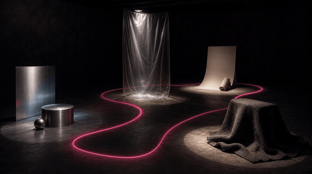 A dark cinematic studio containing several distinct pools of light, each revealing a different material such as brushed