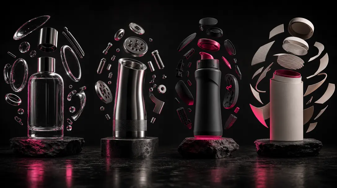 A family of product silhouettes made from glass, metal, polymer, and paper arranged across one dark editorial stage, eac