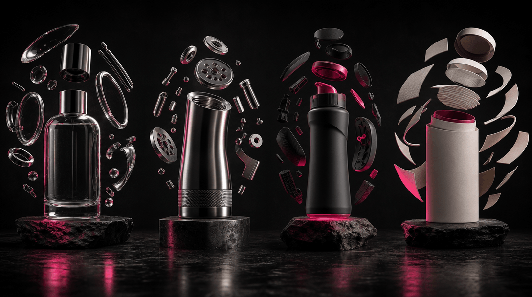 A family of product silhouettes made from glass, metal, polymer, and paper arranged across one dark editorial stage, eac