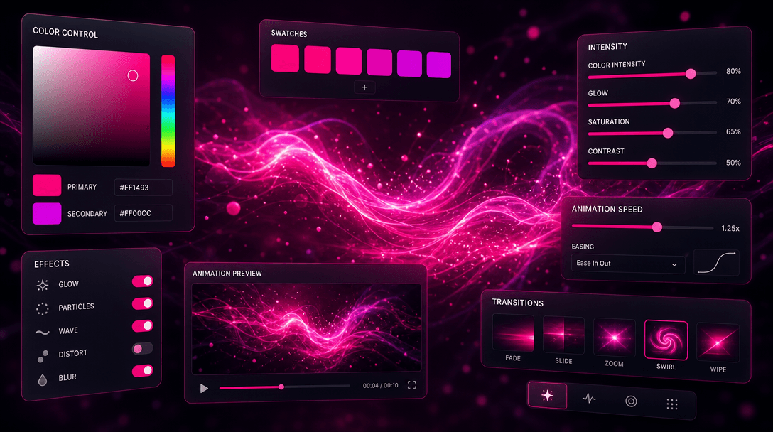 Color and animation control visualization. Floating controls, color swatches in hot pink and magenta, intensity sliders.
