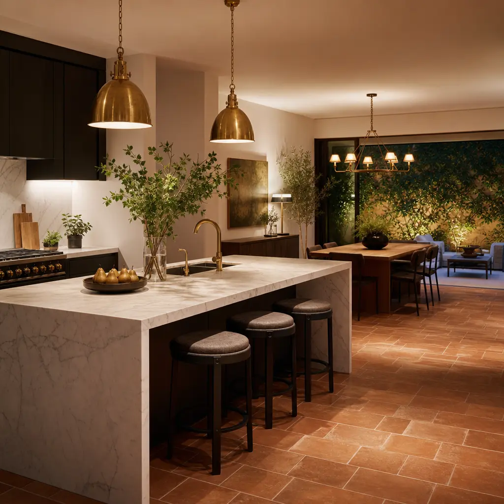 Open-plan kitchen and dining area with marble island, pendant brass lighting, and terracotta floor tiles. Warm evening a