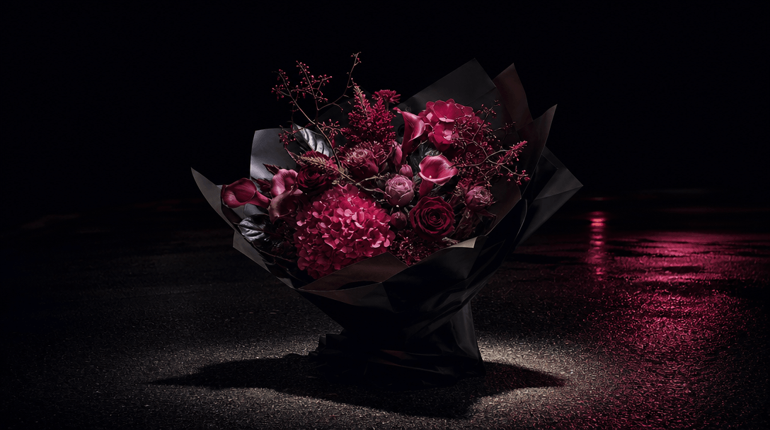 An atmospheric floral campaign scene with a single dramatic bouquet emerging from darkness onto textured asphalt, surrou