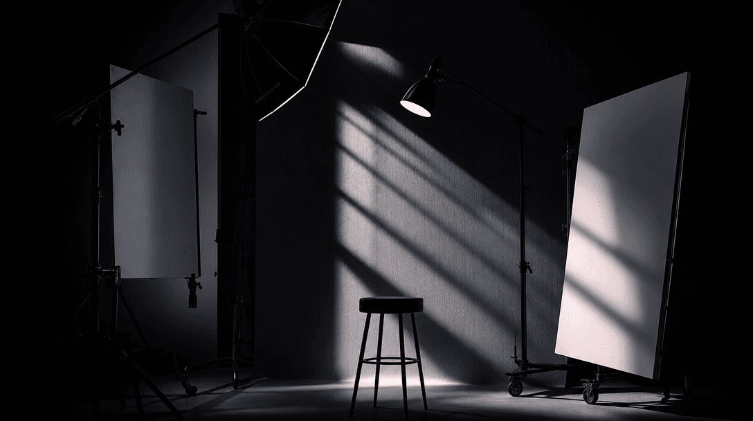Abstract professional portrait lighting: studio equipment silhouettes, dramatic light patterns, professional setup mood,