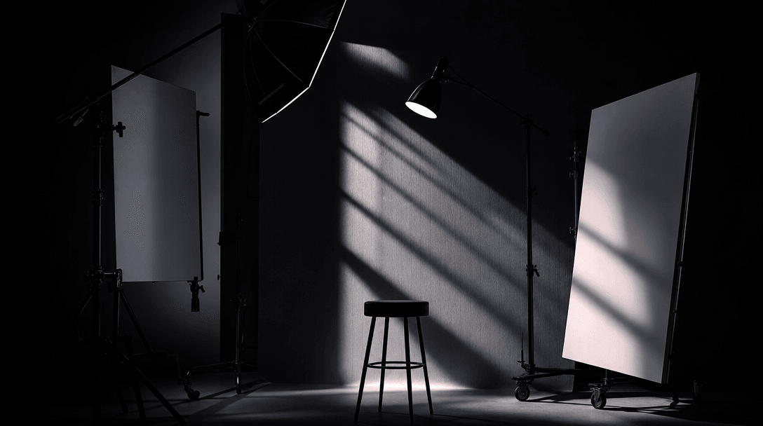 Abstract professional portrait lighting: studio equipment silhouettes, dramatic light patterns, professional setup mood,