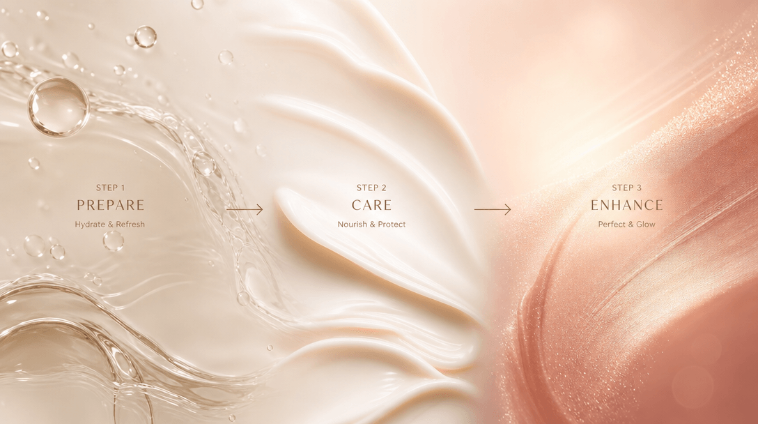 Abstract three-step flow visualization: soft textures transitioning from left to right. Skincare liquid, cream texture,