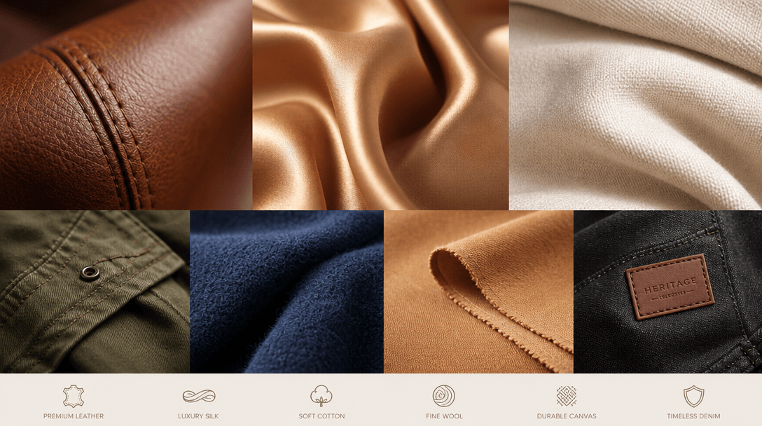 Luxury textile close-ups showcasing variety. Multiple high-quality fabric shots: rich leather, flowing silk, textured co