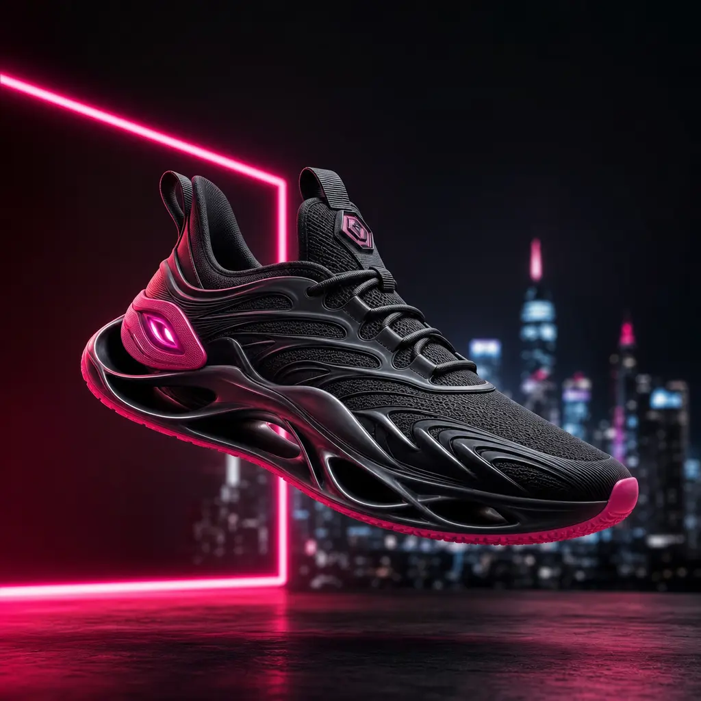 Futuristic designer sneaker levitating above blurred neon-lit city skyline. Dark studio setting with geometric hot pink