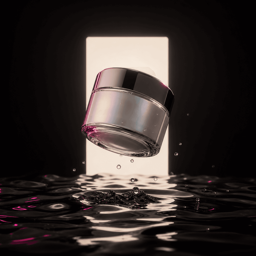 A pearlescent skincare jar floating above rippling black liquid while a clean pale card-shaped light frames the product,