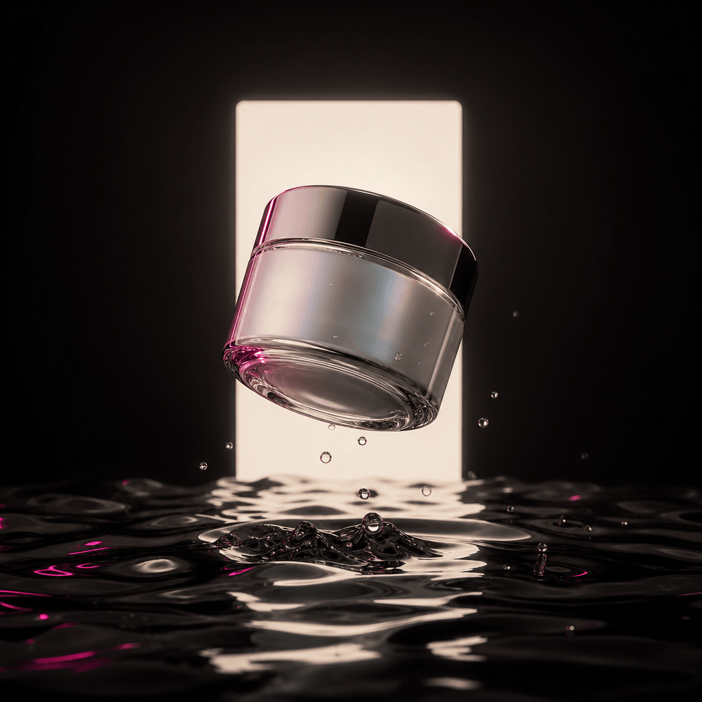 A pearlescent skincare jar floating above rippling black liquid while a clean pale card-shaped light frames the product,