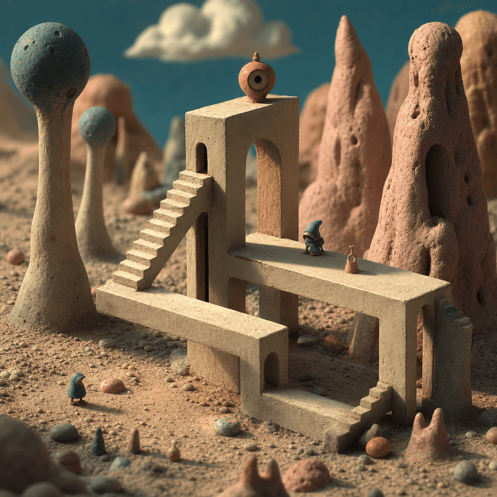 Surreal clay landscape with impossible architecture, miniature scale emphasized, dramatic side lighting casting long sha