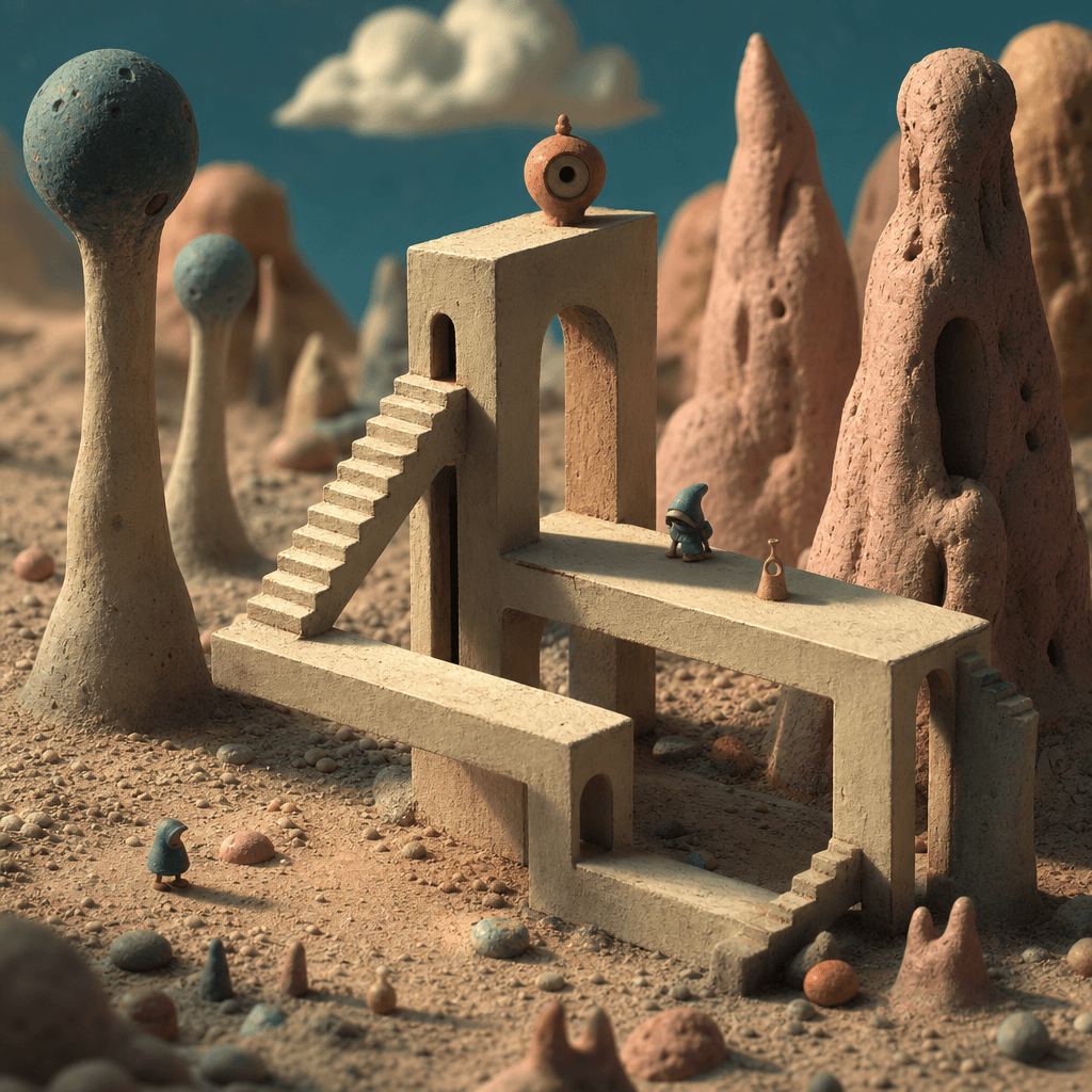 Surreal clay landscape with impossible architecture, miniature scale emphasized, dramatic side lighting casting long sha