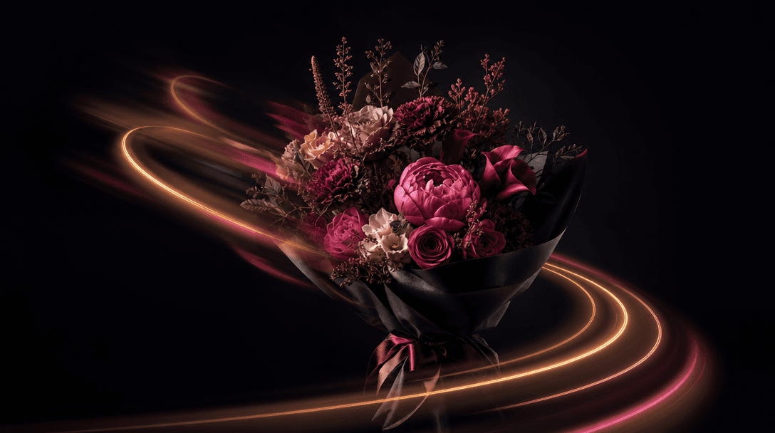 A single luxury bouquet emerging from darkness as curved trails of warm light sweep around it like a delivery route in m