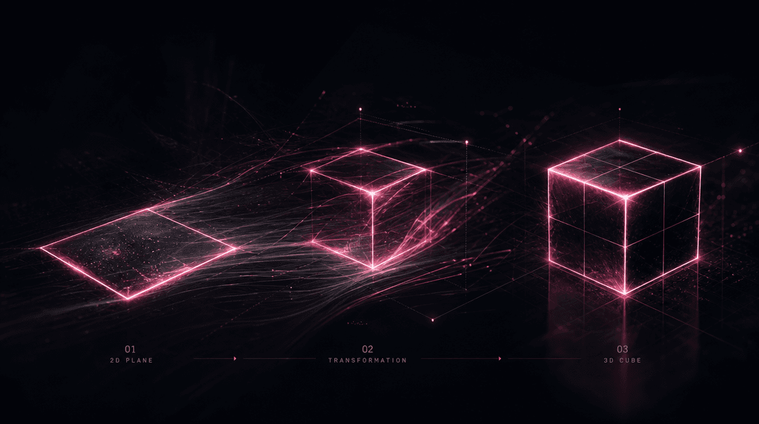 Abstract visualization of 3D geometric transformation: 2D flat plane morphing into dimensional isometric cube structure.
