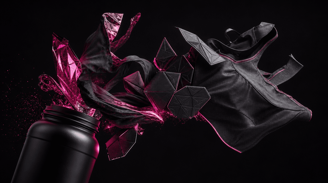 An ordinary supplement container unfolding into sweeping sculptural fabric and wearable geometric panels in midair, visu