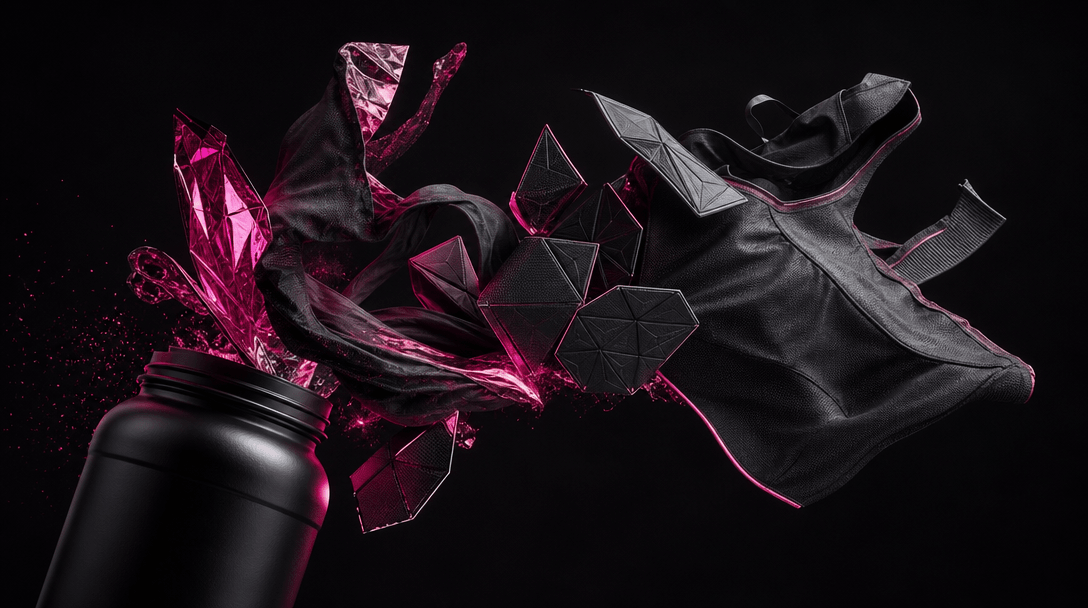 An ordinary supplement container unfolding into sweeping sculptural fabric and wearable geometric panels in midair, visu