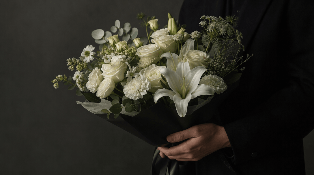 Wide dark editorial studio scene of anonymous hands and a tailored black sleeve gently presenting a luminous bouquet, bo