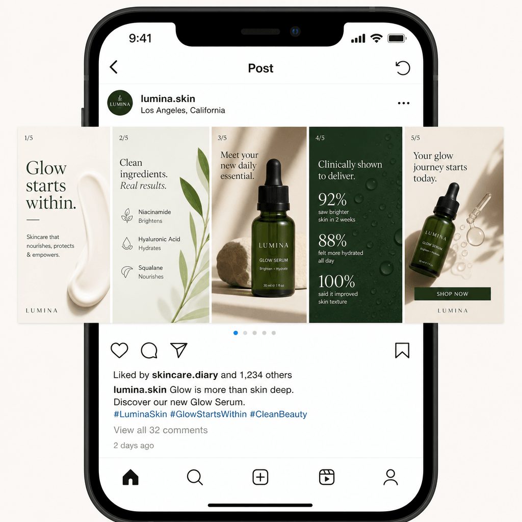 Mobile phone screen mockup displaying 5-square carousel layout showing progression of Instagram carousel content, differ