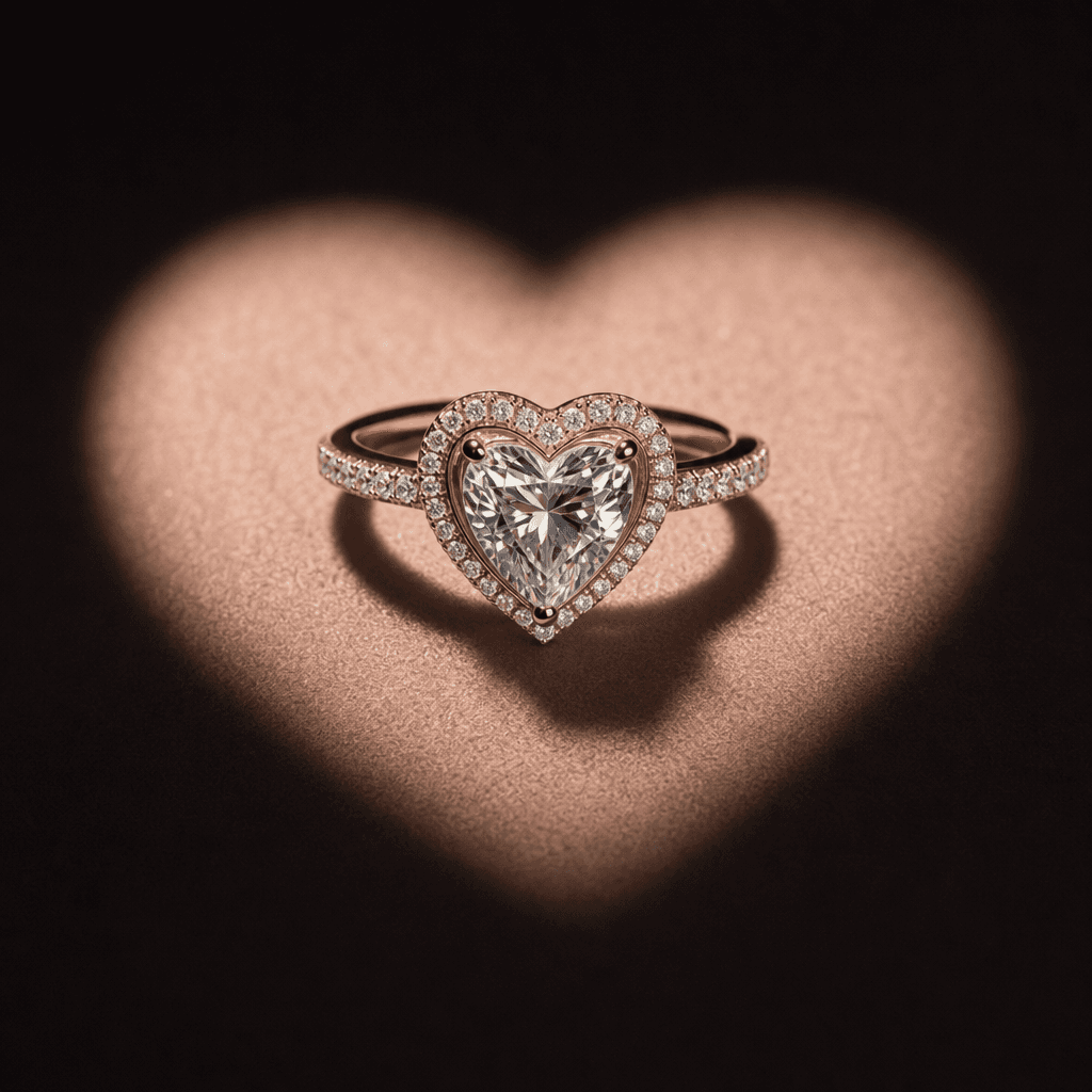 Heart-shaped spotlight illuminating luxury jewelry ring, dark dramatic lighting, professional studio photography, no tex