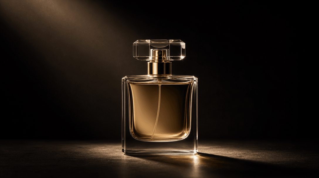 Commercial studio scene: a clean glass perfume bottle on a dark surface being illuminated by a narrow beam of warm direc