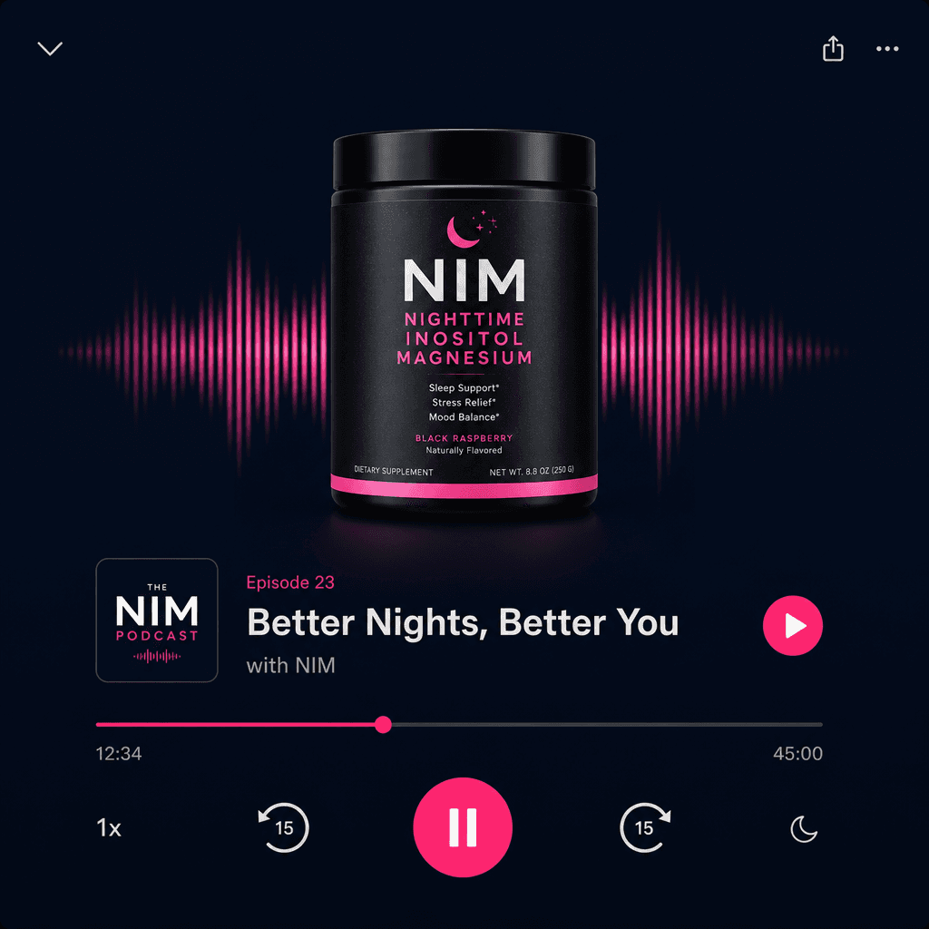 Podcast episode interface showing product centered, clean dark background, product image sharp and lit, minimal text, pr