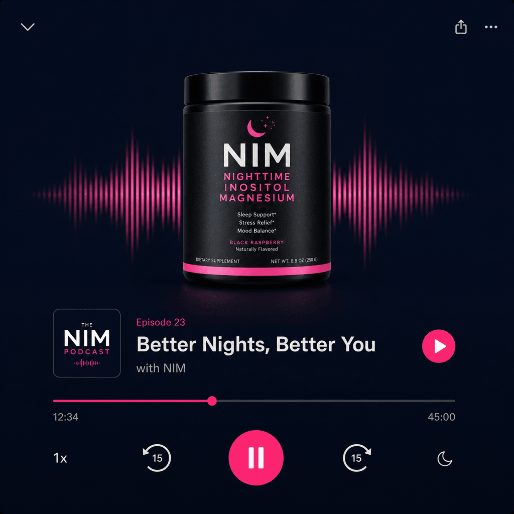 Podcast episode interface showing product centered, clean dark background, product image sharp and lit, minimal text, pr