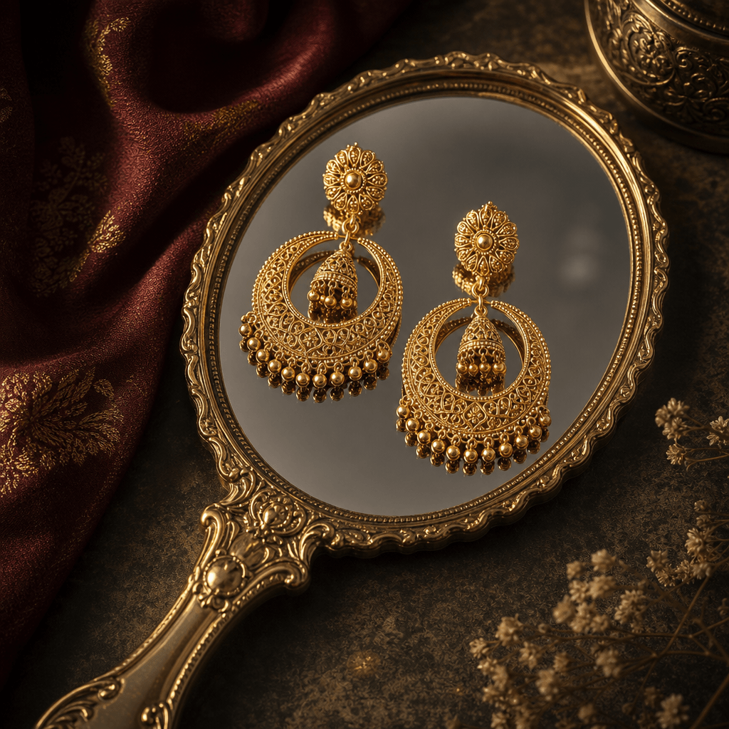 An elegant hand mirror displaying a set of gold earrings, with dramatic lighting highlighting the intricate details and