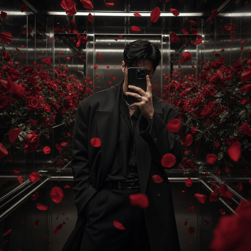 A fashion-forward anonymous subject taking an elevator mirror selfie while crimson roses erupt around the polished metal